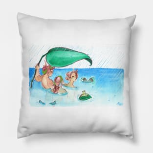 MerMay Rainy Day Merfolk Umbrella and Frog Watercolor Pillow