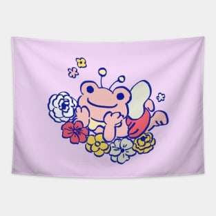 cute kawaii pastel pink pickles the frog fairy happy in bed of flowers Tapestry