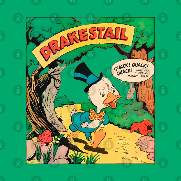 Drakestail Retro Duck with Hat walks worried: When do i get my money back? Vintage Comic 1947 by REVISTANGO