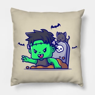 Cute Zombie Frankenstein From The Grave Cartoon Pillow