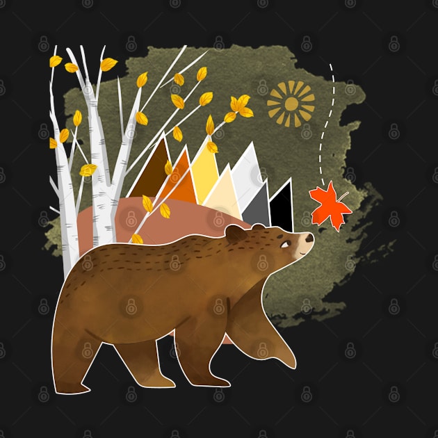 Fall Autumn Season Cute Bear In Mountains Birch Trees Fall Leaves Outdoor Nature Scene by egcreations