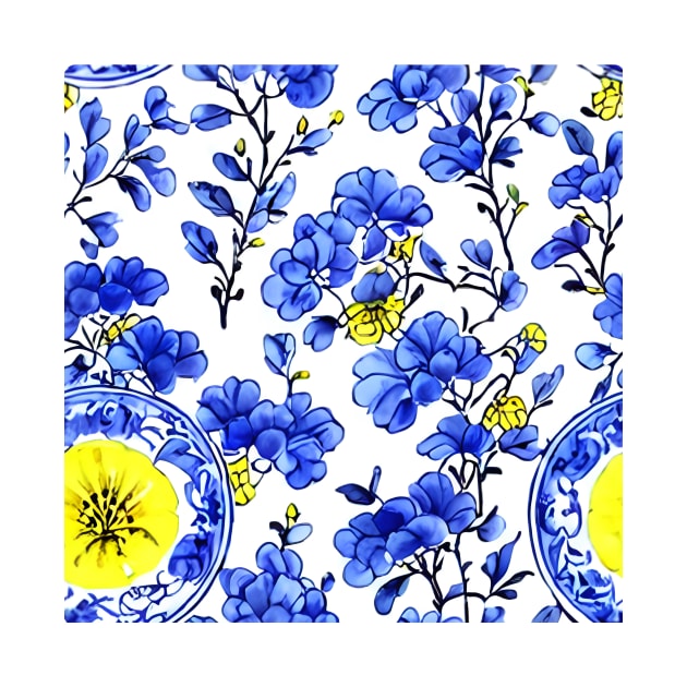 Blue, yellow and white floral chinoiserie pattern by SophieClimaArt