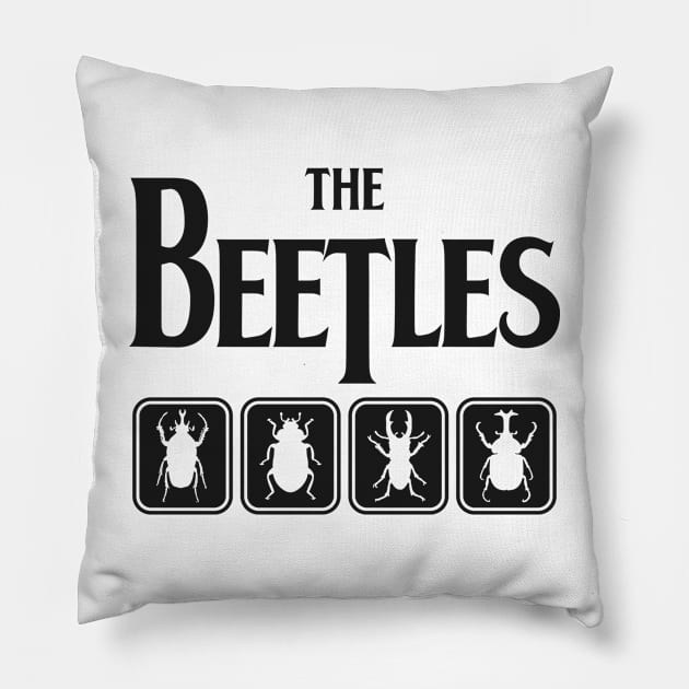 The Beetles: Punny Parody Classic Rock and Roll Silhouette Design Pillow by TwistedCharm