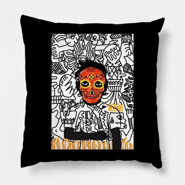 Ethlete - Mexican Male Character with Dark Eyes and Doodle Style Pillow by Hashed Art