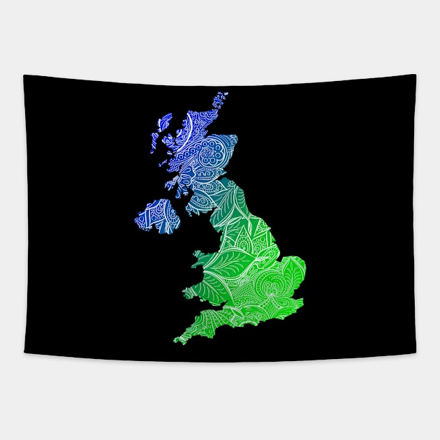 Colorful mandala art map of United Kingdom with text in blue and green Tapestry by Happy Citizen