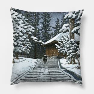 Konjikido in Snow at Hiraizumi by Kawase Hasui Pillow