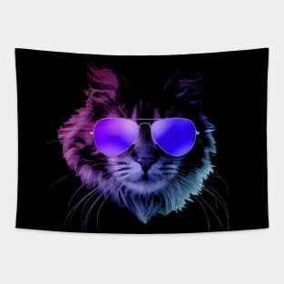 Cool Furry Cat with Sunglasses In Neon Tapestry