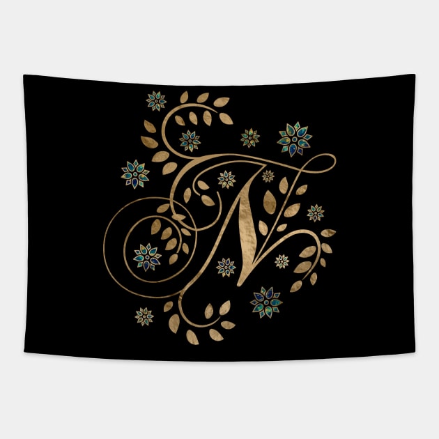 Luxury Golden Calligraphy Monogram with letter N Tapestry by Nartissima