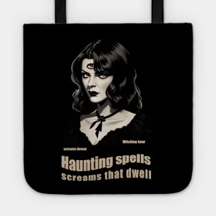 Gothic witch head portrait with curly hair and tre eyes Tote