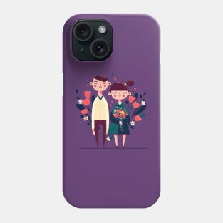 Illustration of confident couple standing with flowers on the blue background Phone Case