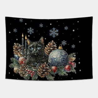 Christmas composition and Black cat, winter scene, snow, holidays, cat in snow, cat in winter, cat lovers Tapestry