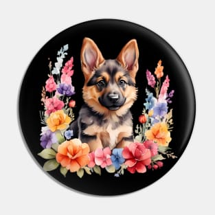 A german shepherd decorated with beautiful watercolor flowers Pin