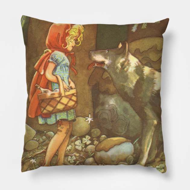 Vintage Fairy Tales, Little Red Riding Hood with Big Bad Wolf Pillow by MasterpieceCafe