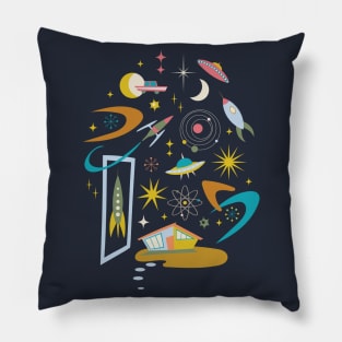 Mid Century Architecture in Space - Retro design in pastels on Navy by Cecca Designs Pillow