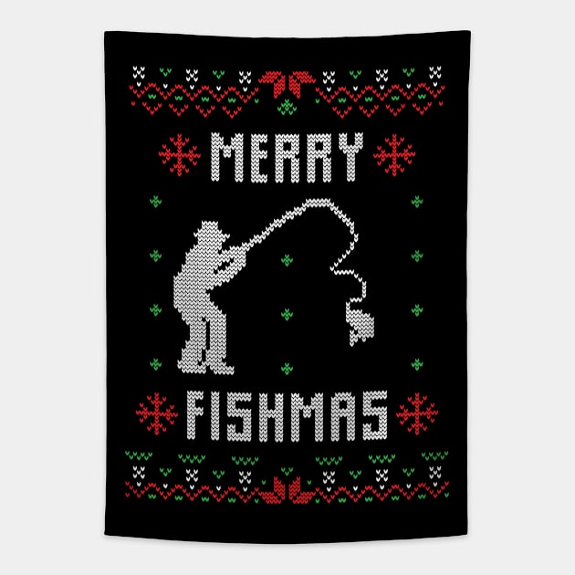 Merry Fishmas - Funny Ugly Christmas Sweater Fishing Gift Tapestry by BadDesignCo