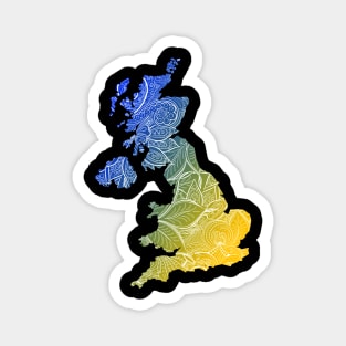 Colorful mandala art map of United Kingdom with text in blue and yellow Magnet