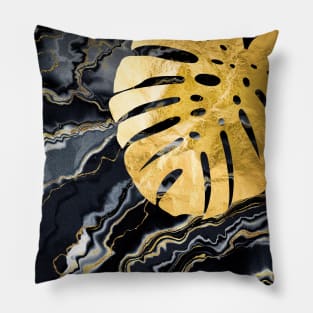 Black Gold marble and monstera Pillow