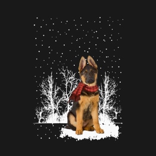 Christmas German Shepherd With Scarf In Winter Forest T-Shirt