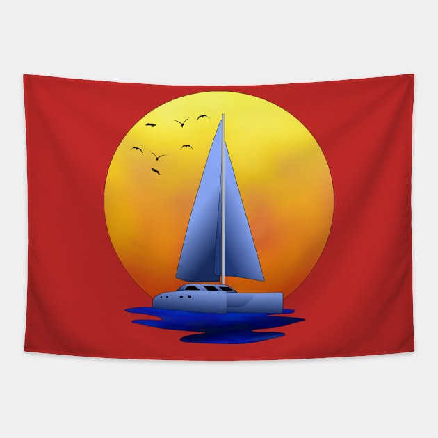 Sunset Sailing Catamaran Tapestry by macdonaldcreativestudios