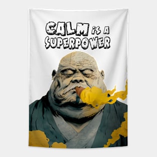 Puff Sumo: Calm is a  Superpower on a light (Knocked Out) background Tapestry