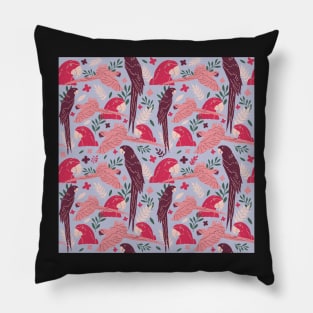 Ara Parrot Tropical Leaves Pattern Red and Blue Pillow