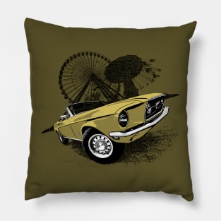 Yellow 68 Mustang convertible against carnival backdrop Pillow