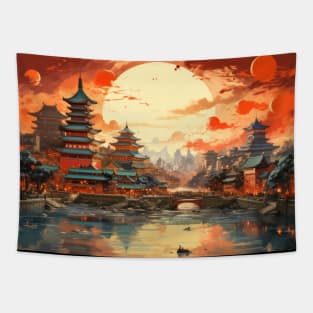 Oriental City Concept Abstract Colorful Scenery Painting Tapestry