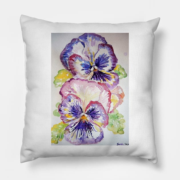 Pansy Watercolor Painting Flower purple Pillow by SarahRajkotwala