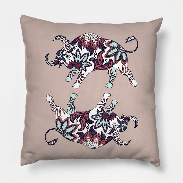 Paisley Oxen (Mauve Pink Palette) Pillow by illucalliart