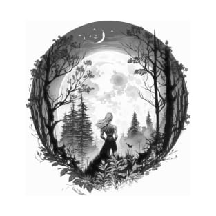 Moon Goddess Forest Walk Woman in Forest Crescent Moon Art T-Shirt
