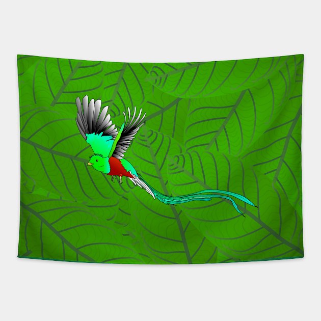 Quetzal on its favorite avocado leaves Tapestry by FabuleusePlanete