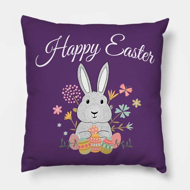 Happy Easter Bunny Rabbit Eggs Flowers Pillow by letnothingstopyou