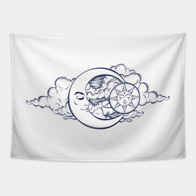 Night Sky Vintage Moon Clouds Tattoo Design Clouds Tapestry