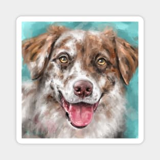 An Expressive Painting of a Brown and White Australian Shepherd Smiling Magnet