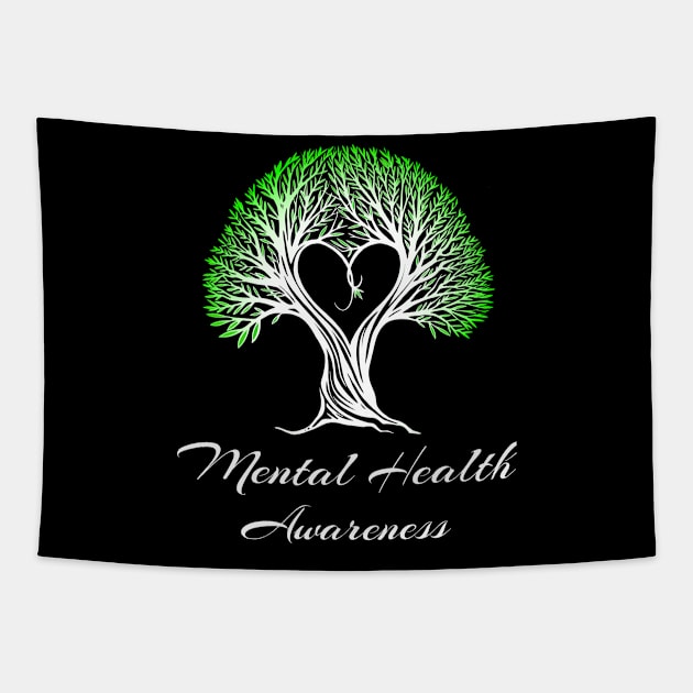 Mental Health Awareness Green Ribbon Tree With Heart Tapestry by MerchAndrey