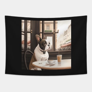 French Bull Dog in a French Bistro Coffee Illustration Tapestry