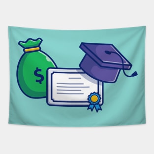 Scholarship, Money Bag, Graduation Cap And Certificate Cartoon Tapestry