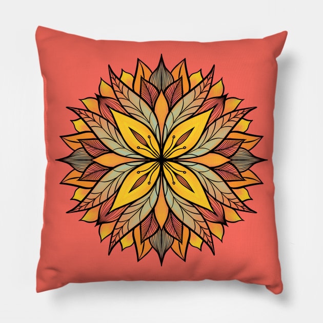 Colorful Floral Mandala Abstract In Yellow And Coral Pillow by Boriana Giormova