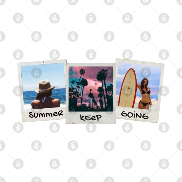 Summer Keep Going // Polaroid photo and inscription. Girl with a hat sits on the shore. Coconut palm. Pink clouds. Surfing woman by MSGCNS