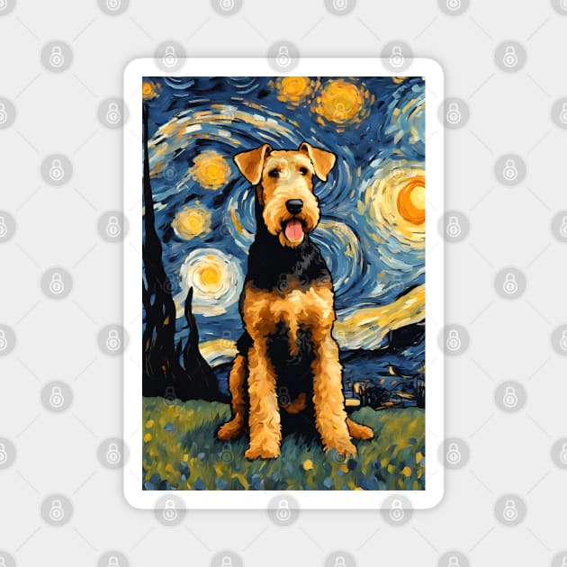 Cute Airedale Terrier Dog Breed Painting in a Van Gogh Starry Night Art Style Magnet by Art-Jiyuu