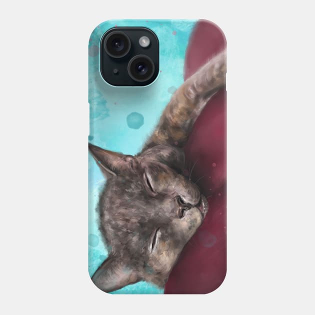 Painting of a Gray Cat Sleeping on a Red Couch on Blue Background Phone Case by ibadishi