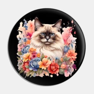 A birman cat decorated with beautiful watercolor flowers Pin