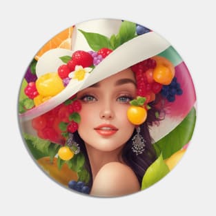 А woman with a white hat and some colorful fruity Pin