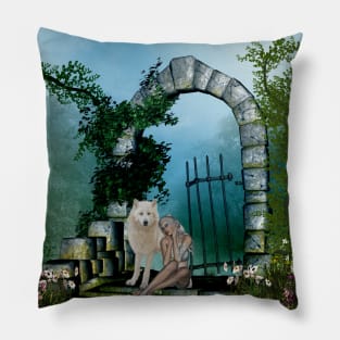 Wonderful fairy with white wolf Pillow