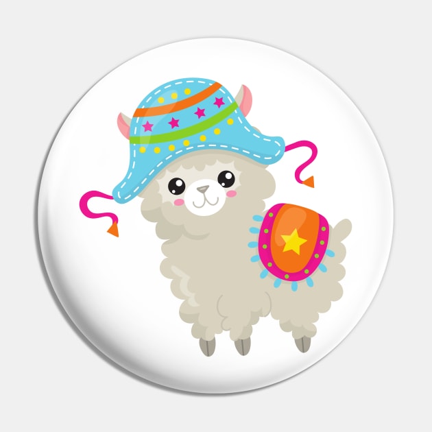 Cute Llama, Little Llama, Alpaca, Llama With Hat Pin by Jelena Dunčević