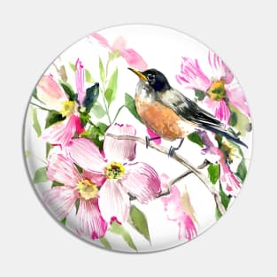 American Robin and Dogwood Flowers Pin