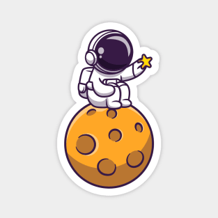 Cute Astronaut Sitting On Moon And Holding Star Magnet