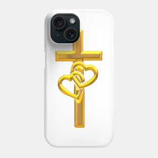 Golden 3-D look Cross with 2 Hearts Phone Case