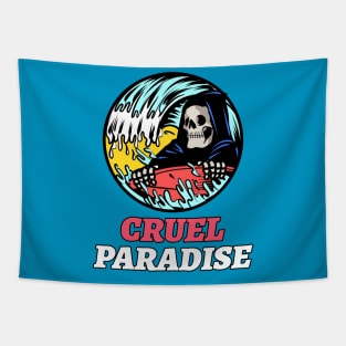 Surfer Surfing Cruel Paradise Grim Reaper Deadly Waves Tapestry