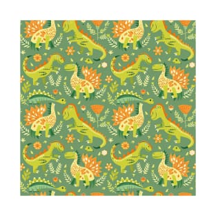 Delightful Dinosaurs in Enchanted Garden Pattern T-Shirt